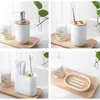 Badtillbehör Set 5st Bamboo Badrum Toalettborstehållare Tandbrush Glass Cup Soap Dispenser Dish Accessories