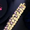 Link Armbänder Pera Wunderschöne Dubai Gold Farbe Lila Rosa Zirkonia Große Breite Armreifen Luxus Bankett Schmuck Für Frauen B036