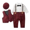 Kledingsets geboren jongen formele kleding set baby gentleman verjaardag romper outfit met hoed vest lange mouw jumpsuit suit l230106