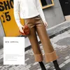 Women's Pants Warm Pu Leather Women Wide Leg Thermal Fleece Flare Ladies Winter Lined Black Trousers Pantalones De Mujer