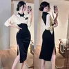 Etnische kleding Herfst en winter 2023 Chinese stijl Modificeerde Cheongsam Nationaal lange rok met taille Split 3/4 mouwen Slim