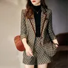 Women s Two Piece Pants Fashion Suits Long Sleeved Temperament Slim Ladies Spring Autumn Retro Embroidered Khaki PlaidJacket Shorts Sets 230106