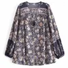 Blusas de mujer Super Chic negro Floral manga larga con cuello en V Boho blusa mujer borla botón bohemio otoño camisa Tops de algodón