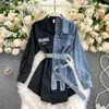 Women's Blouses & Shirts FTLZZ Spring Autumn Women Fashion Striped Patchwork Single Breasted Denim Jacket Casual Long Sleeve Lace-up Tops Co