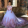 2023 Modest Pink Floral Lace Wedding Dresses Princess A-line Off The Shoulder Bridal Dress For Bride Long Train Vestiods De Festia