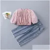 Kläderuppsättningar 2021 Spring Kids Girls 2st White Pink Long Puff Elastic midjetröjor Denim Barnkläder 2569 Y2 Drop Delivery Bab Dhyzo