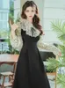 Casual Dresses Elegant Lady Black Dress Korean Chic Design Bow Lace Stand Collar Flare Sleeve Midi For Date Party Night Robe Noir