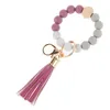 Quality Wooden Tassel Bead String Bracelet Keychain Food Grade Silicone Beads Bracelets Women Girl Key Ring Wrist Strap