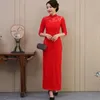 Etniska kläder qipao show blå lång klänning röd spets cheongsam kinesisk stil retro stående krage nio poäng mindre ärm cheingsam