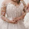 2023 Robes de mariée de taille plus longues manches illusion dentelle applique bijou col transparent perles perles sur mesure robes de mariée chapelle 328 328