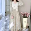 Casual Kleider Mode Kleid Frauen Langarm Flroal Gedruckt Hohe Taille Maxi Frau Patchwork Mid-kalb Länge Lace Up grundlegende