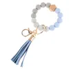 Quality Wooden Tassel Bead String Bracelet Keychain Food Grade Silicone Beads Bracelets Women Girl Key Ring Wrist Strap