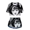 Pantalones de dos piezas para mujer Anime japonés Junji Ito Verano Pantalones cortos y camisetas suaves Conjuntos de mujer de moda Harajuku Estampado de cultivos Top Chándal Ropa 230106