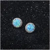 Silver New Simple 925 Sterling Sier Stud Earrings Round Blue Fire Opal With Cubic Zirconia Wedding Jewelry Gift Drop Delivery Fine Dhv5Z