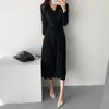 Vestidos casuales Elegante con cuello en V Espesar Mujeres Suéter Vestido de un solo pecho Bata Mujer Invierno Tejido Mujer Color sólido con cinturón