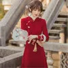Этническая одежда красный Cheongsam Plus Size Young Retro Retro улучшенный воротник с мандарином элегантный теплый осенний зимний год платье китайского года женщины