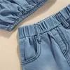 Completi di abbigliamento Eleganti vestiti per bambine in denim Set tinta unita Manica corta Top corto con spalle scoperte Gonna con orlo irregolare 1-5 anni