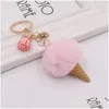 Key Rings Ice Cream Keychain Cute Bag Cartoon Imitation Rex Rabbit Fur Plush Pendant Cone Car Hair Ball Accessories Keychains Drop D Dhn3Y