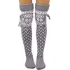 女性ソックスレディースクリスマスの厚いニットタイツ膝の上の伸縮性のあるストッキングの伸縮性のあるストッキングガールズファショイン包帯印刷フリースストッキング