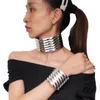 Halskette-Ohrringe-Set, übergroß, Vintage-Stil, für Damen, Lederkragen, Armreifen, Statement, verstellbar, modische Accessoires