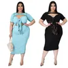 Plus size jurken dames korte mouwen jurk 2023 zomer mode solide kleur omgekeerde holle slinger mid-lengte rok