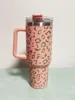 Bicchiere leopardo da 40 once con manico e cannuccia Tazza da caffè isolata riutilizzabile Bicchiere da viaggio in acciaio inossidabile Bicchiere per bottiglia d'acqua di grande capacità