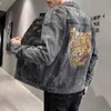 Erkek Ceketler Yasuguoji 2023 Punk Stil Moda Altın Kaplan Metal Patchwork Jean Ceket Erkek Denim Sokak Giyim Deliği Erkek