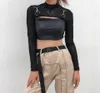 Dam-T-shirt Mock Neck Långärmad Slim Fit Sheer Mesh Crop Shirt Top Punk Style Genomskinlig axelryckning Fishnet Cover Ups med metallnit Svart