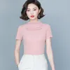 Women's T Shirts TingYiLi Women Mock Neck Pleated T-shirt Summer Short Sleeve Mesh Top Korean Elegant Ladies Black Purple Khaki Tops 3XL