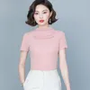 Women's T Shirts Tingyili Women Mock Neck Pleated T-shirt Summer Short Sleeve Mesh Top Korean Elegant Ladies Black Purple Khaki Tops 3xl