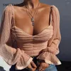 Czołgi damskie seksowne polka kropki uprawne bóry kobiety niskie cięcie pleców See przez krótką szyfonową mesh koszulkę żeńska impreza klubowa eleganckie koszulki