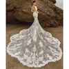 Long Mermaid Bridal Gowns 2024 Lace Illusion Scoop Neckline Full Sleeves Chapel Train Plus Size Wedding Dresses Vestidos De Novia 328