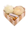 Caja de regalo promocional en forma de corazón de madera, 6 uds., accesorio de baño, esponja de sisal, peine de madera, cepillo de masaje, Spa, regalo de baño 0107