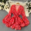 Casual Dresses Women 2023 Summer Korean V-hals Floral Print Chiffon Dress Long Lantern Sleeve Bohemian Clothes Vestidos E131