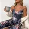 Kvinnors sömnkläder Summer Kvinnor Pyjamas Set Floral Tryckt ärmlösa toppar med långa byxor Pajamasdräkt Satin Silk Casual Sexig nattkläder