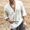 T-shirts hommes sexy hommes chemise cordon de serrage t-shirt coton lin col en v couleur unie léger avant lacets demi manches vêtements masculins