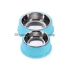 Dog Bowls Feeders Stainless Steel Pet Double Puppy Cats Eating Feeder Container Drinking Bowl Antislip Feeding Watering Dish Y2009 Dh7Fn