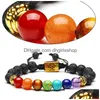 Brins de perles Yoga fait à la main 7 Chakra Arbre de vie Bracelets porte-bonheur Pierres de lave Perles Corde Bracelet en pierre volcanique noire Femmes Hommes 32 Dhkjw