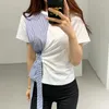 Camisetas femininas Coreia chique de verão nicho de nicho redondo pescoço contraste tira tira tiras de costura camiseta de manga curta Mulheres