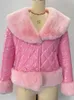 Femmes Down Parkas Col De Fourrure En Cuir D'hiver Vestes Courtes Rose Mignon Lâche Double Poitrine En Laine Poignets Dames Manteau Puffer Crop Manteaux 230106