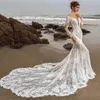 Long Mermaid Bridal Gowns 2024 Lace Illusion Scoop Neckline Full Sleeves Chapel Train Plus Size Wedding Dresses Vestidos De Novia 328