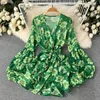 Sukienki swobodne kobiety 2023 Summer Korean V-Neck kwiatowy nadruk szyfonowy Długa latarnia rękaw Bohemian ubrania vestidos e131