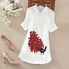 Women's Blouses Cotton Linen Women Shirts Summer Vintage Turn-Down Collar Straight Embroidery Flower Oversized Female Pulls Outwear Tops