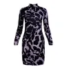 Casual Dresses Fall Winter Snake Print Slim Dress 2023 Women Stand Collar Bodycon Sexy Lady Long Sleeveies High Waist Short Robe