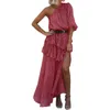 캐주얼 드레스 플러스 크기의 패션 맥시 드레스 여자 섹시 한 어깨 꼬치 칼라 폴카 도트 프린트 슬릿 밑단 긴 파티 비대칭