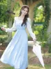 Casual Dresses Square Neck Chic Blue Sweet Vintage For Women Autumn Flared Sleeves Pleated French Style Fairy Dress Vestido Fiesta