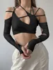 Maglietta da donna Goth Dark Cyber Y2k Techwear Punk Donna Halter Top Gothic egirl Patchwork Manica lunga Crop Top Sexy Cut Out Magliette casual 230106