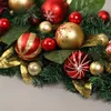 Decorative Flowers Christmas Wreath Artificial Magnolia Leaves Teardrop With Red Gold Ball Ornaments Plaid Bow Tie Front