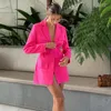 Women's Suits Women Pink Long Sleeve Pocket Jacket Single Suit 2023 Female Clothes Blazer DressTurn-down Collar Belt Coat Casual