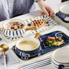 プレート日本の下着手塗りセラミックプレート朝食ハンドルボウル皿セット磁器トレイ家庭用食器